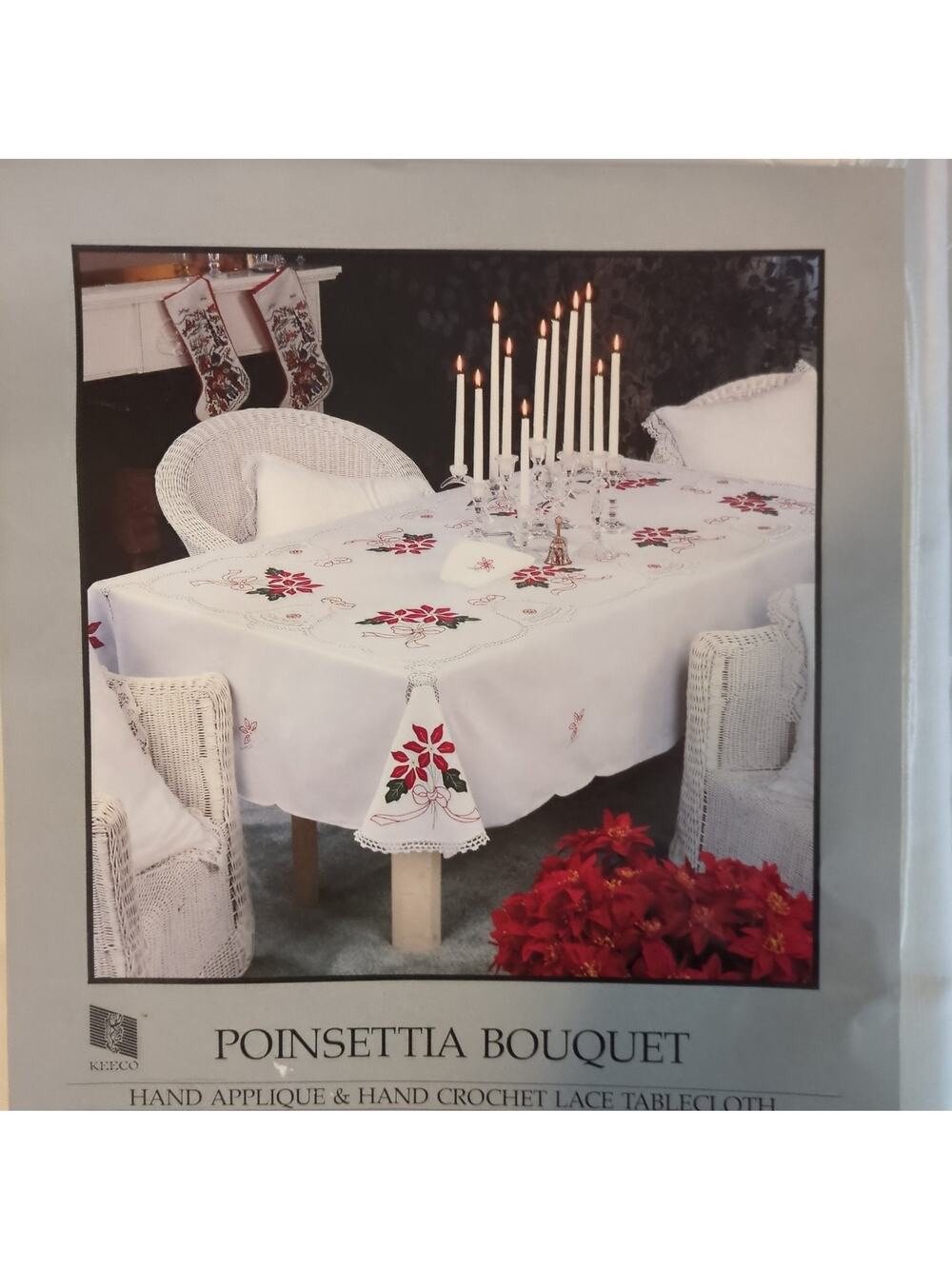 Vintage NWT Christmas Hand Embroidered Tablecloth and 12 Napkins Never Used